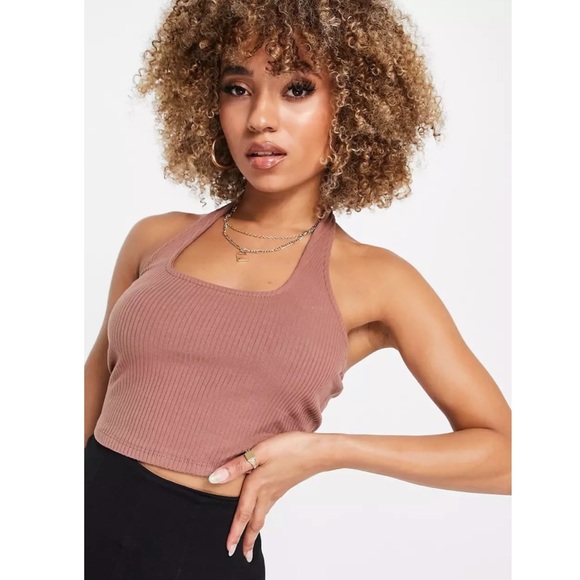 ASOS Square Halter Neck Crop Top in Mink